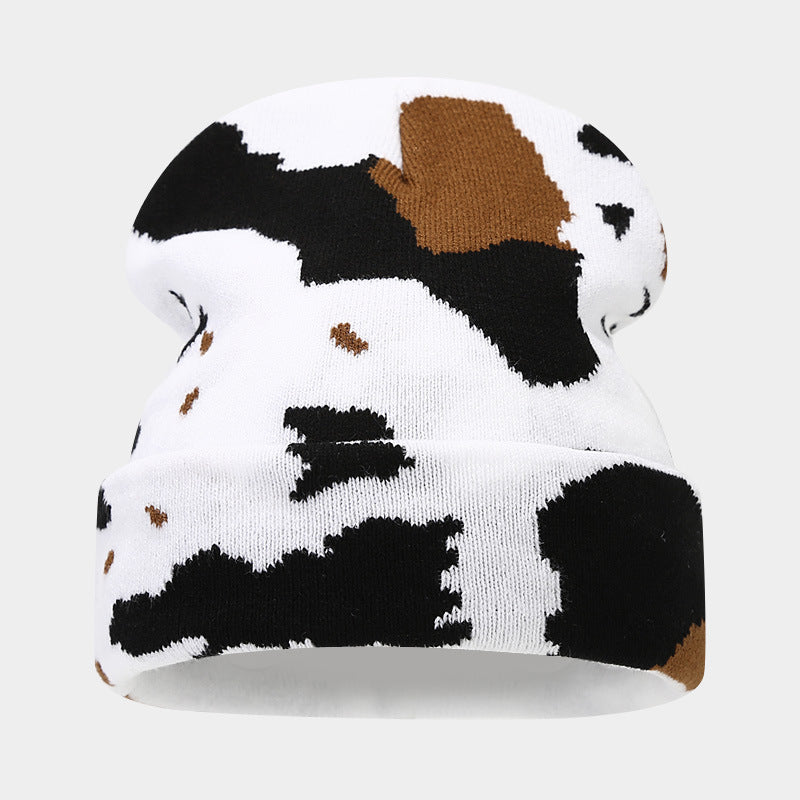 Wholesale Cow Pattern Leopard Jacquard Knitted Hat Thickened Warm Wool Hat